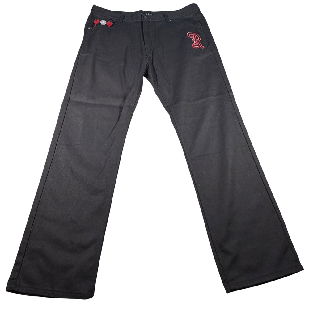 Red Ape Pants Mens 40x34 Black Embroidered Argyle Streetwear Cotton Straight Leg